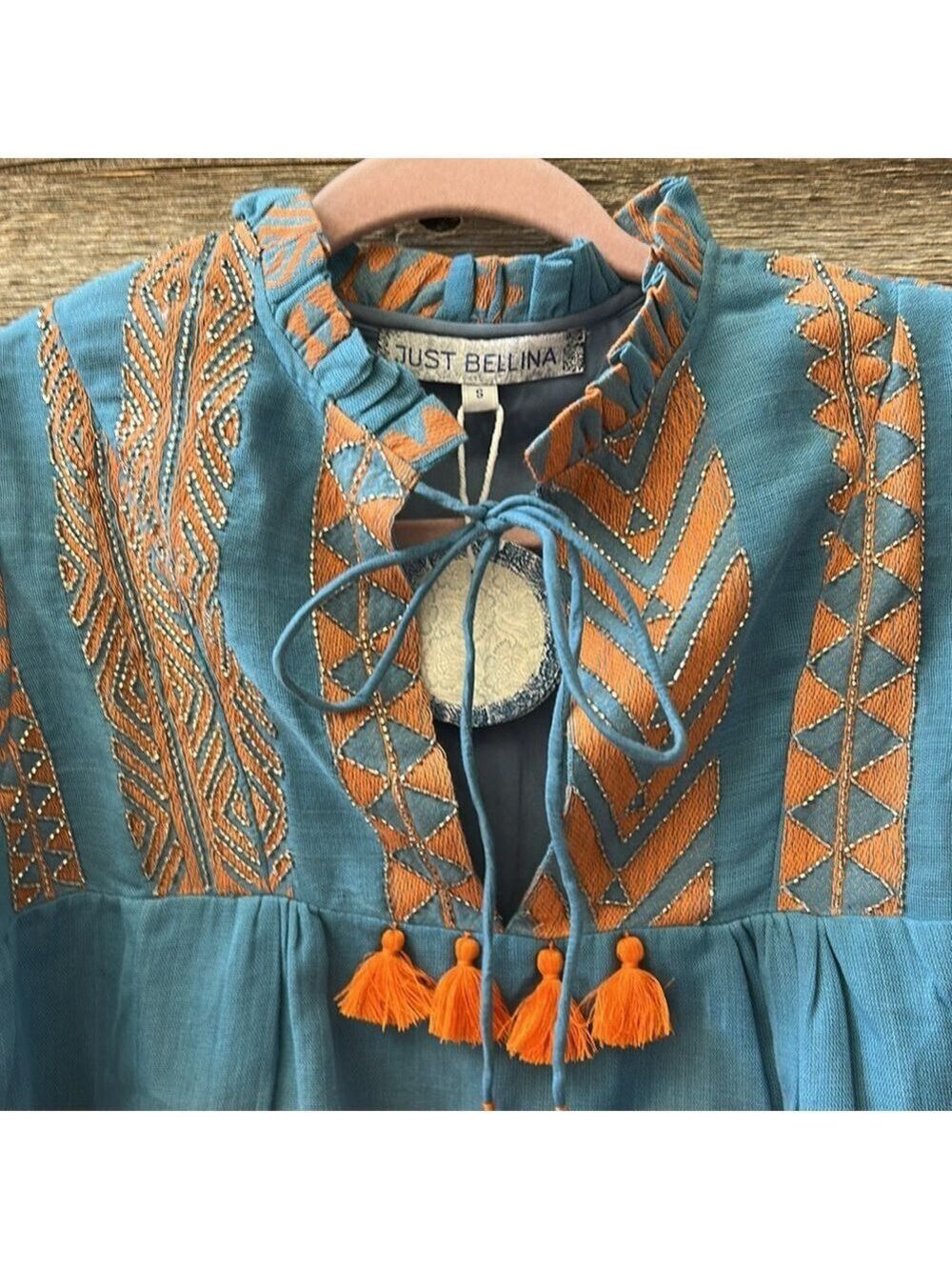 NWT Just Bellina Blue & Orange Tassel Beaded Boho Top Size Small - Picture 2 of 10
